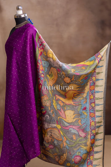 ELECTRIC VIOLET BANDHANI-KALAMKARI TUSSAR SAREE