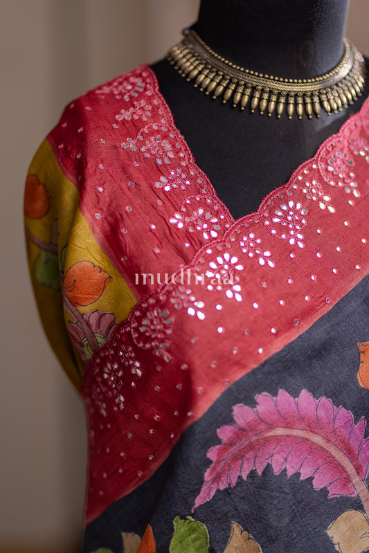 BLACK & MAROON KALAMKARI TUSSAR SAREE