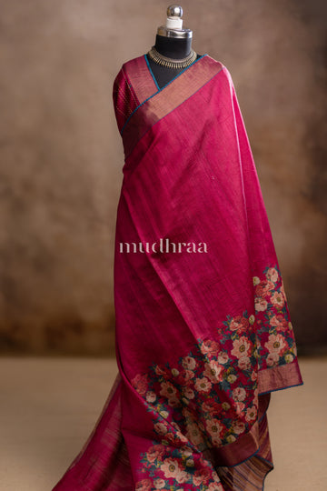 PINKISH RED FLORAL PRINTED KANTHA TUSSAR SAREE