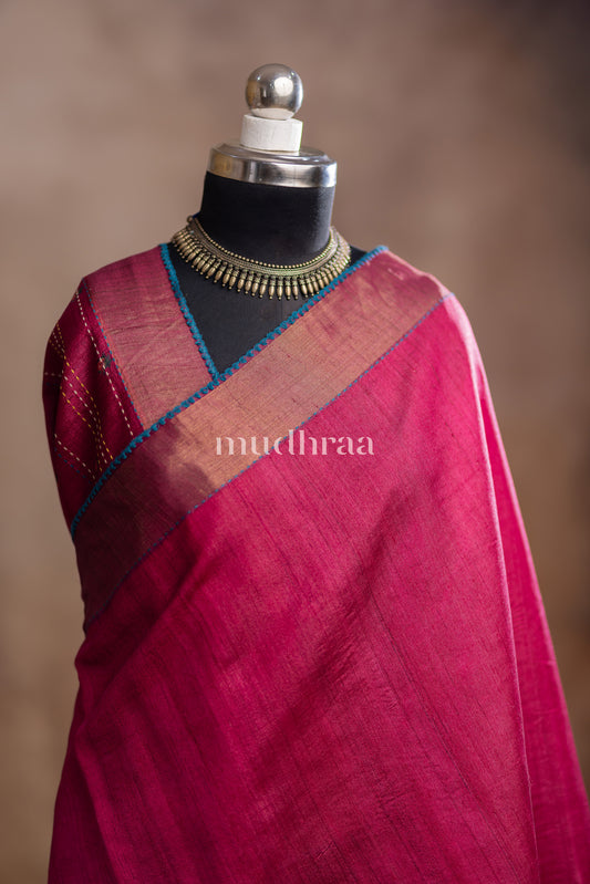 PINKISH RED FLORAL PRINTED KANTHA TUSSAR SAREE