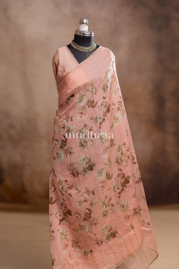 PASTEL PINK FLORAL MUSLIN SILK SAREE