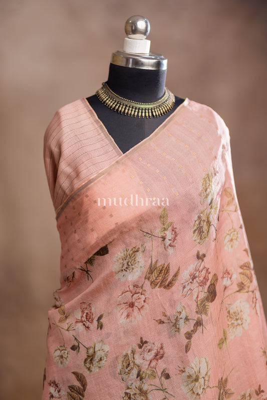 PASTEL PINK FLORAL MUSLIN SILK SAREE