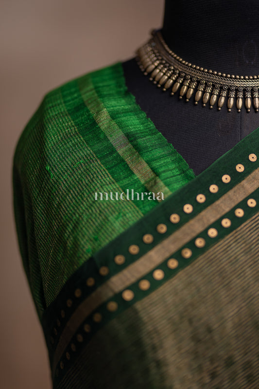 FOREST GREEN SEQUIN MUSLIN TISSUE SILK SAREE