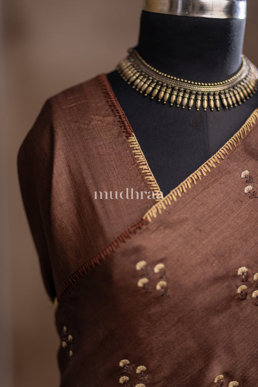 COFFEE BROWN EMBROIDERED TUSSAR SAREE