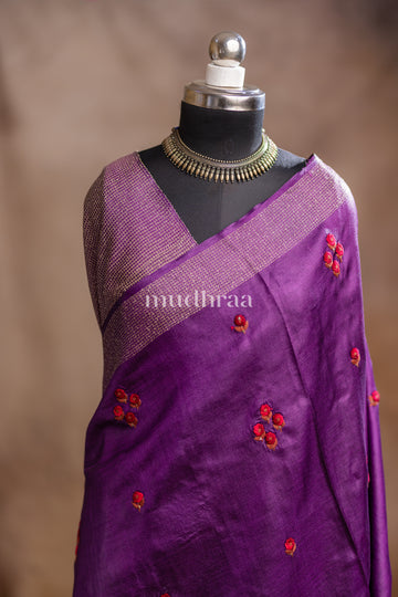 DEEP PLUM EMBROIDERED TUSSAR SAREE