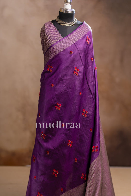 DEEP PLUM EMBROIDERED TUSSAR SAREE