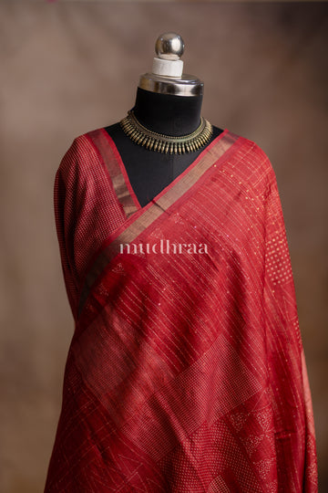 CRIMSON GEOMETRICAL EMBROIDERED TUSSAR SAREE