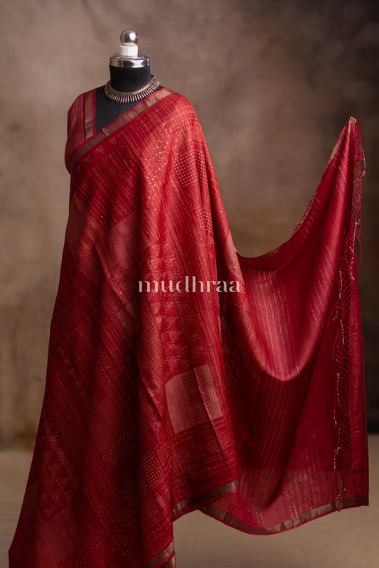 CRIMSON GEOMETRICAL EMBROIDERED TUSSAR SAREE