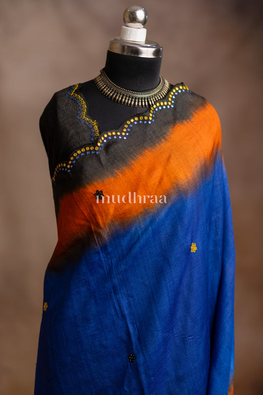 BLUE & BLACK SHADED MIRROR WORK TUSSAR SAREE