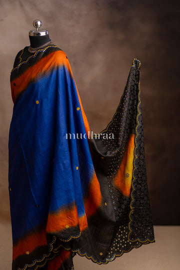 BLUE & BLACK SHADED MIRROR WORK TUSSAR SAREE