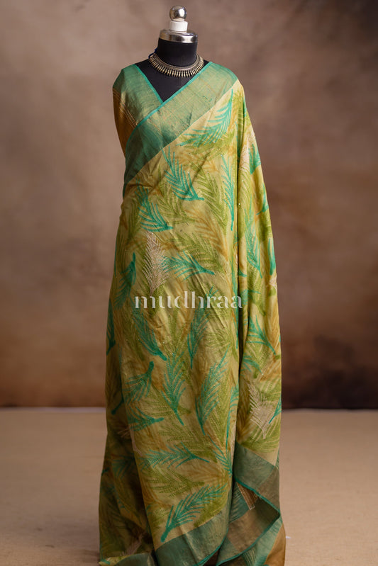 TURQUOISE & CREAM EMBROIDERED TUSSAR SAREE