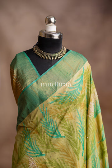 TURQUOISE & CREAM EMBROIDERED TUSSAR SAREE