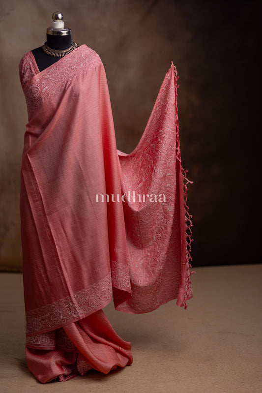 BLUSH PINK CHIKANKARI TUSSAR SAREE