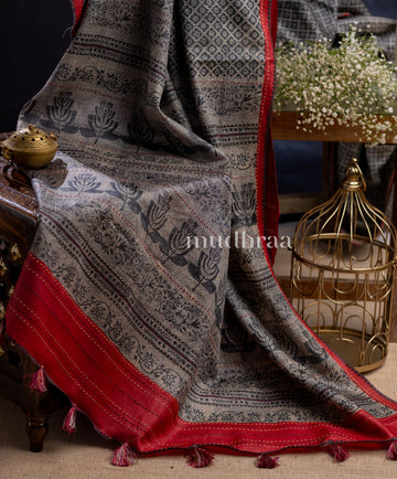 NAVY & RED GEOMETRICAL HANDBLOCK PRINTED KANTHA TUSSAR SAREE