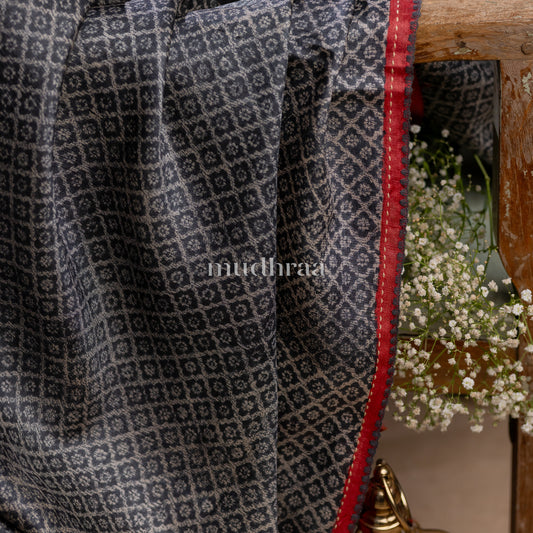 NAVY & RED GEOMETRICAL HANDBLOCK PRINTED KANTHA TUSSAR SAREE