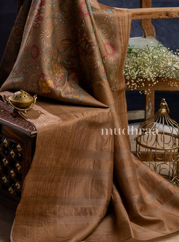 BRONZE BROWN KALAMKARI PRINTED TUSSAR SAREE