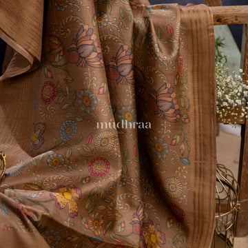 BRONZE BROWN KALAMKARI PRINTED TUSSAR SAREE