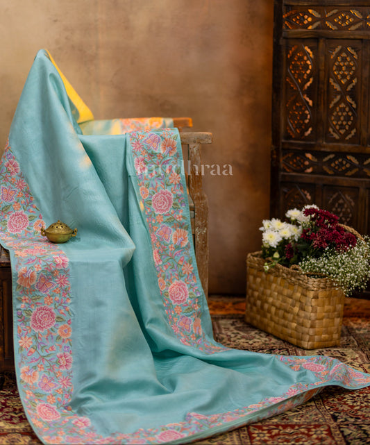 SKY BLUE FLORAL EMBROIDERED TUSSAR SAREE