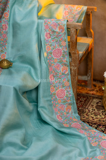 SKY BLUE FLORAL EMBROIDERED TUSSAR SAREE