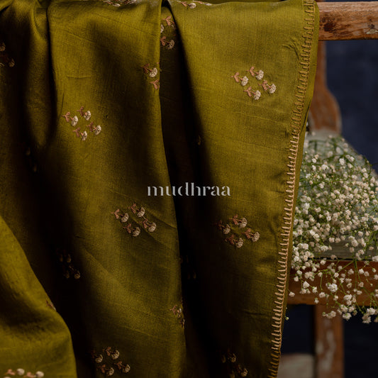 MEHANDI GREEN EMBROIDERED TUSSAR SAREE