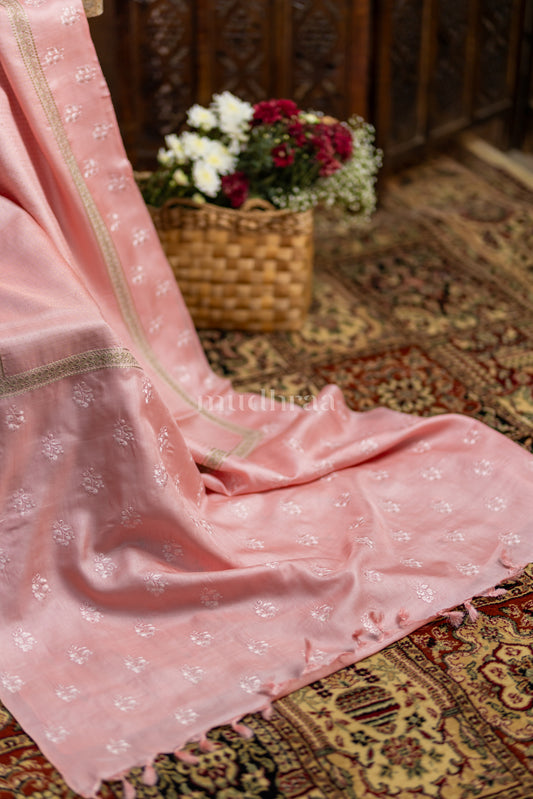 MISTY ROSE EMBROIDERED TUSSAR SILK SAREE