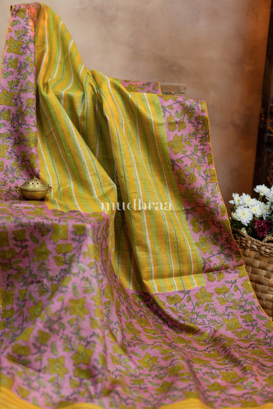 GREEN & PINK KANTHA-SEQUIN TUSSAR SAREE