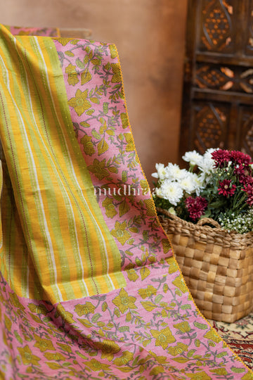 GREEN & PINK KANTHA-SEQUIN TUSSAR SAREE