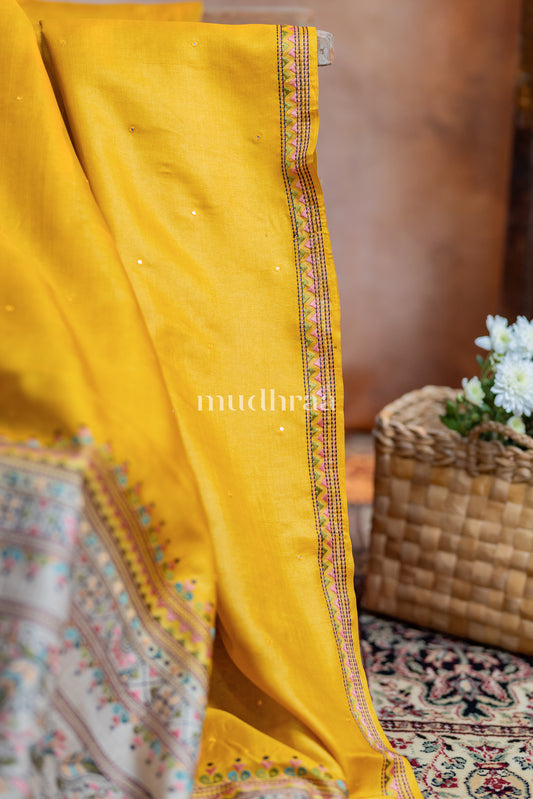 MUSTARD & IVORY MADHUBANI TUSSAR SAREE