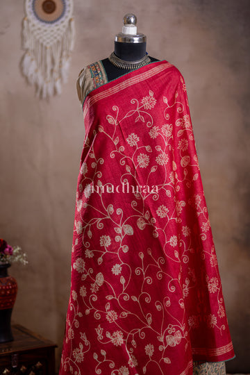 SCARLET SHIBORI-MADHUBANI TUSSAR SILK SAREE