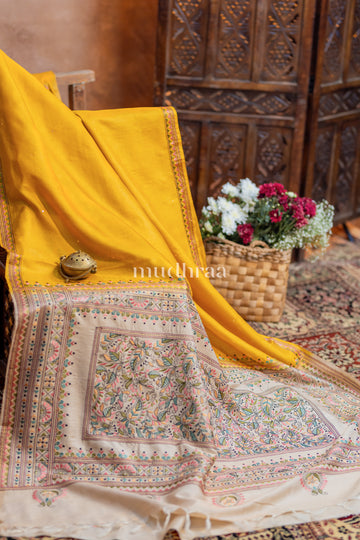 MUSTARD & IVORY MADHUBANI TUSSAR SAREE