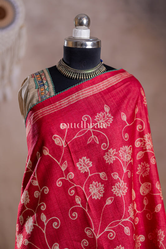 SCARLET SHIBORI-MADHUBANI TUSSAR SILK SAREE