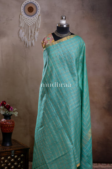 AQUA ZARI CHECKED TUSSAR SILK SAREE - CONTRAST BLOUSE