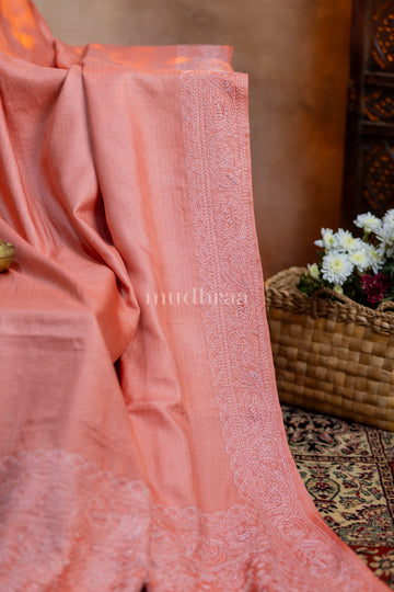 APRICOT CHIKANKARI TUSSAR SAREE