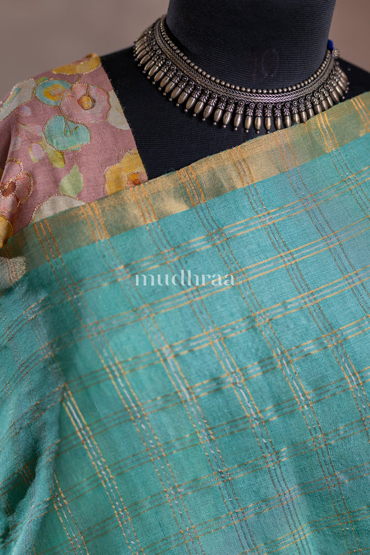 AQUA ZARI CHECKED TUSSAR SILK SAREE - CONTRAST BLOUSE