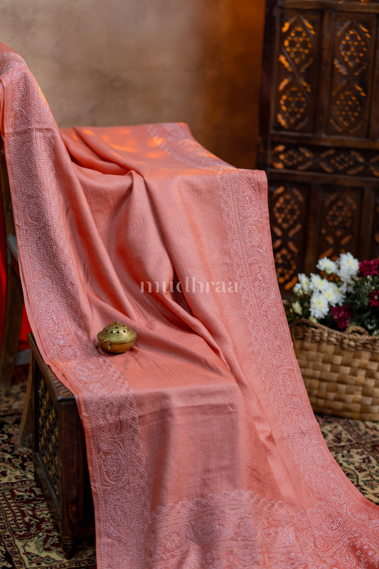 APRICOT CHIKANKARI TUSSAR SAREE