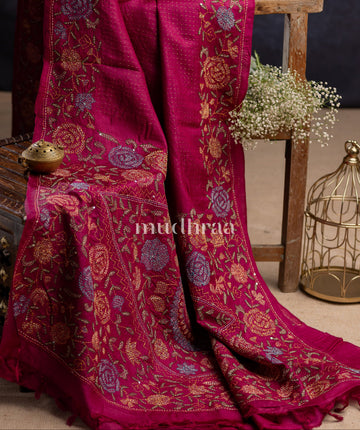 VINTAGE PINK KANTHA TUSSAR SAREE