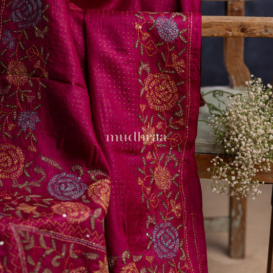VINTAGE PINK KANTHA TUSSAR SAREE