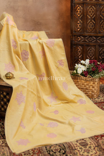 PASTEL YELLOW & PINK HANDMADE APPLIQUE TUSSAR SAREE