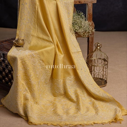 PASTEL YELLOW CHIKANKARI TUSSAR SAREE