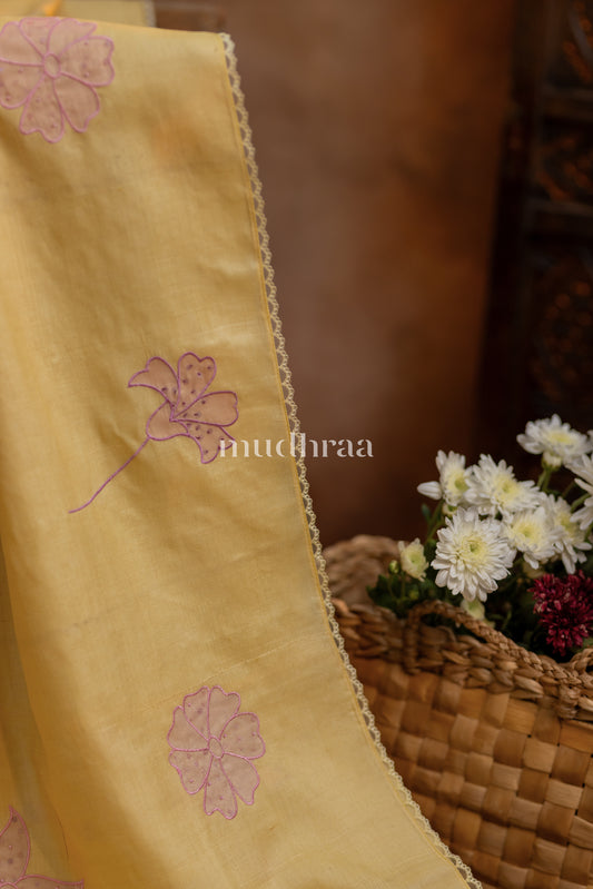 PASTEL YELLOW & PINK HANDMADE APPLIQUE TUSSAR SAREE