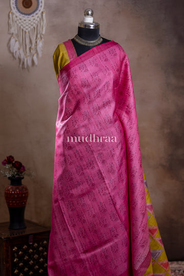 BARBIE PINK & GREEN HANDBLOCK PRINTED TUSSAR SAREE