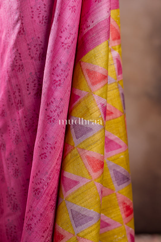 BARBIE PINK & GREEN HANDBLOCK PRINTED TUSSAR SAREE