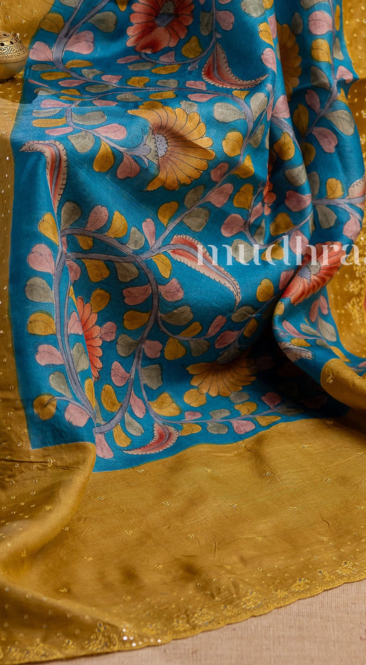 DEEP SKY & GREEN KALAMKARI TUSSAR SAREE