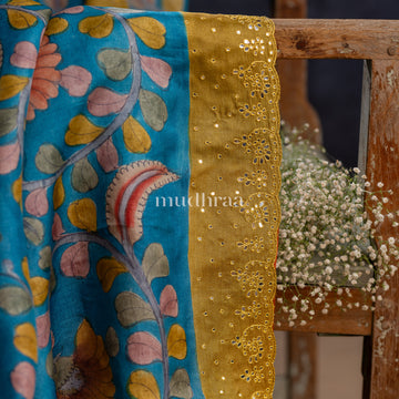 DEEP SKY & GREEN KALAMKARI TUSSAR SAREE