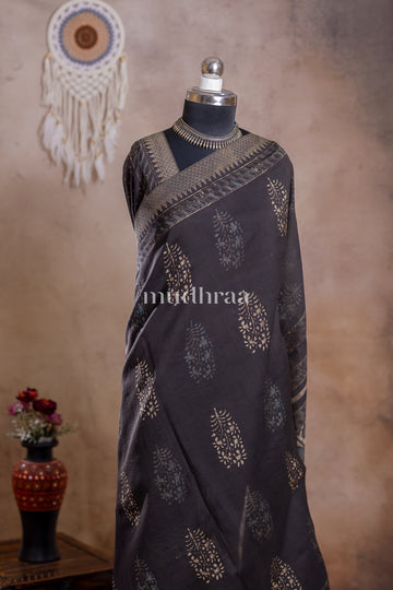 BLACK HANDBLOCK PRINTED CHANDERI GHICHA SAREE