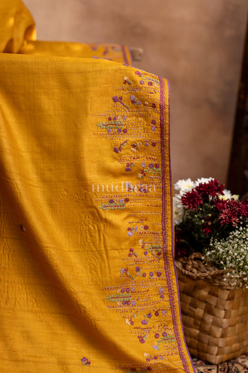 MUSTARD FRENCH-KNOT TUSSAR SILK SAREE