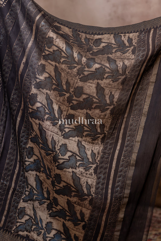 BLACK HANDBLOCK PRINTED CHANDERI GHICHA SAREE