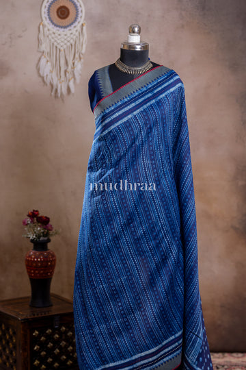 INDIGO STRIPED KANTHA CHANDERI GHICHA SAREE
