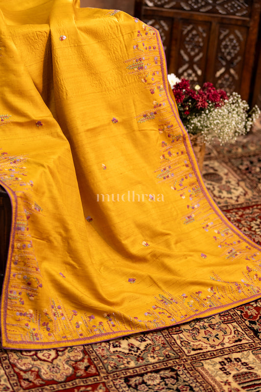 MUSTARD FRENCH-KNOT TUSSAR SILK SAREE