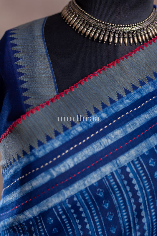 INDIGO STRIPED KANTHA CHANDERI GHICHA SAREE